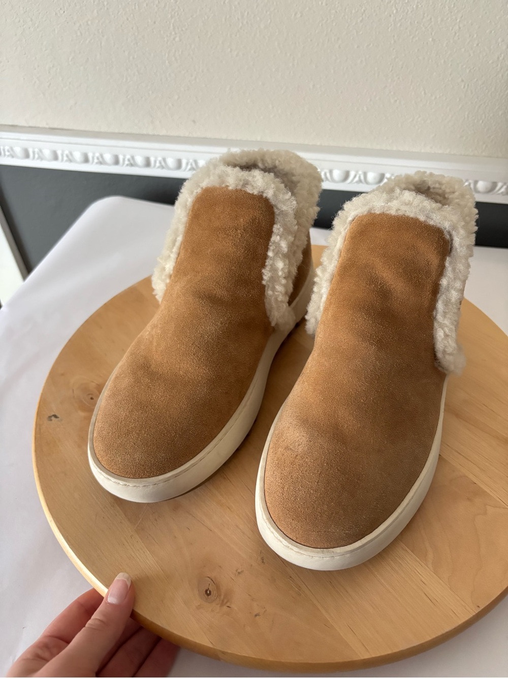 Aquatalia Tan Suede Ankle Booties with Cream Shearling Trim